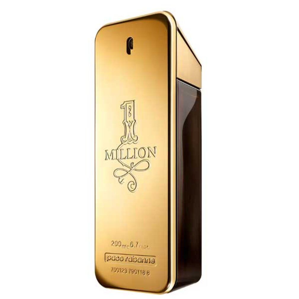 Flacone dorato "1 Million" con parte nera. Forma rettangolare, colore oro, testo sul flacone.