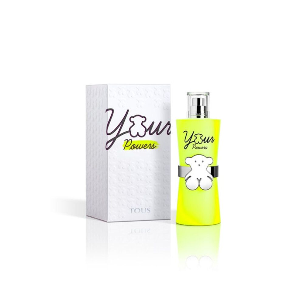 Spray Eau de Toilette giallo con confezione. Flacone con chiusura argentata e orso. Scritta "Your Powers".