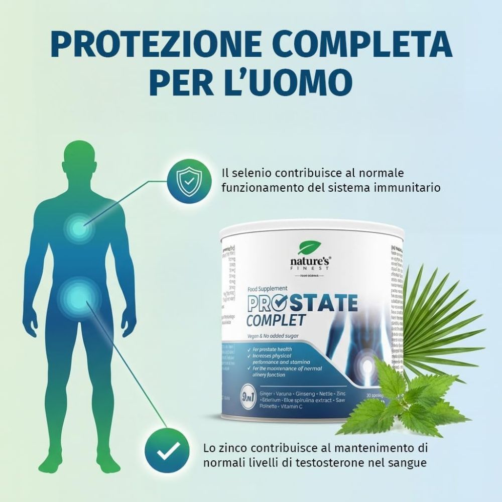 Barattolo Nature's Finest Prostate Support, silhouette uomo, icone sistema immunitario, testosterone.