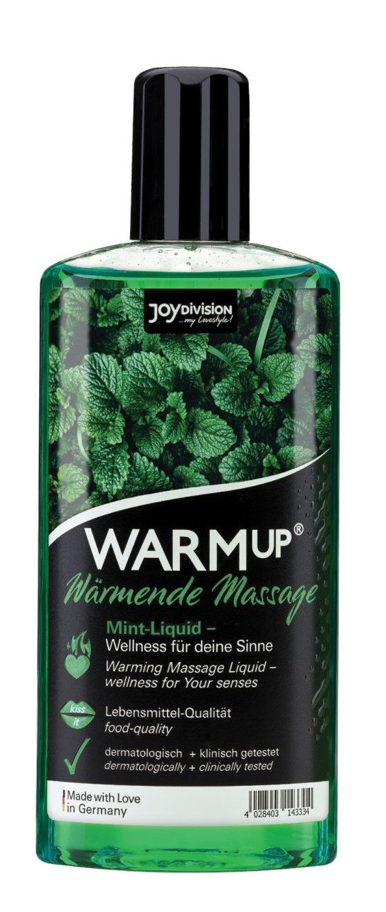 Flacone di olio da massaggio Joydivision WARMUP alla menta con design a foglia di menta.