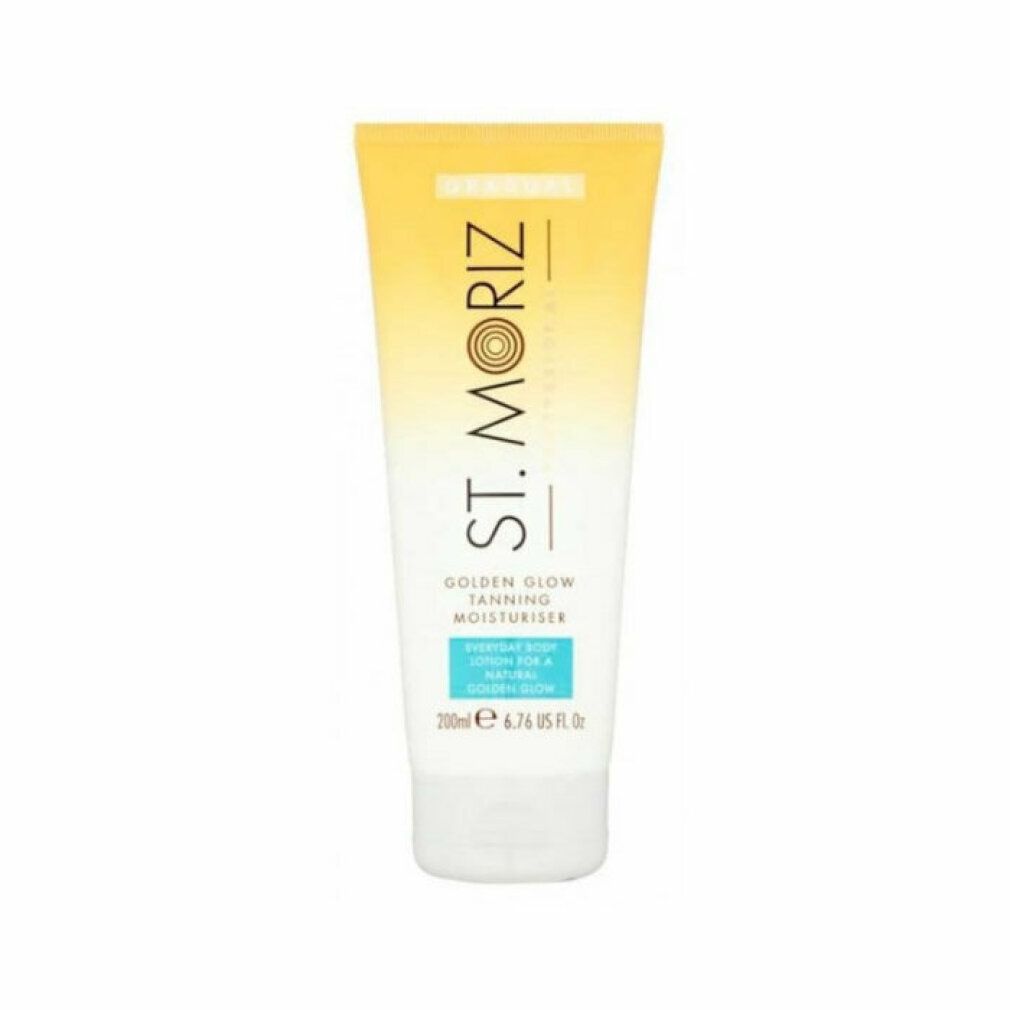 Tubo di St. Moriz Golden Glow Tanning Moisturiser. Sfumatura giallo-bianca, nome del prodotto e dettagli. 200ml.