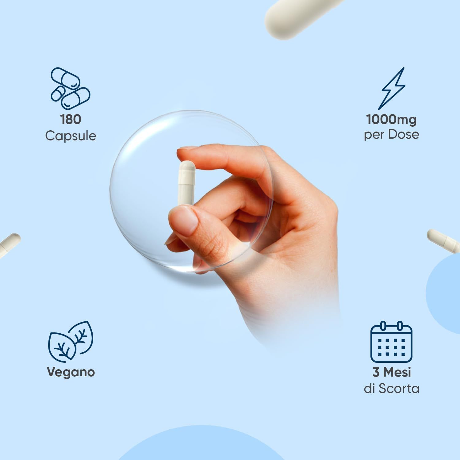 Mano con capsula. Testo: 180 capsule, 1000mg per dose, Vegano, 3 mesi di scorta.
