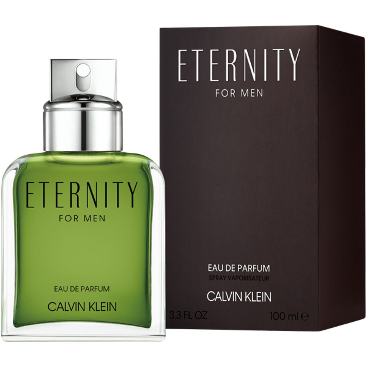Flacone in vetro e confezione. Scritta: ETERNITY FOR MEN, Eau de Parfum, CALVIN KLEIN. 100 ml.