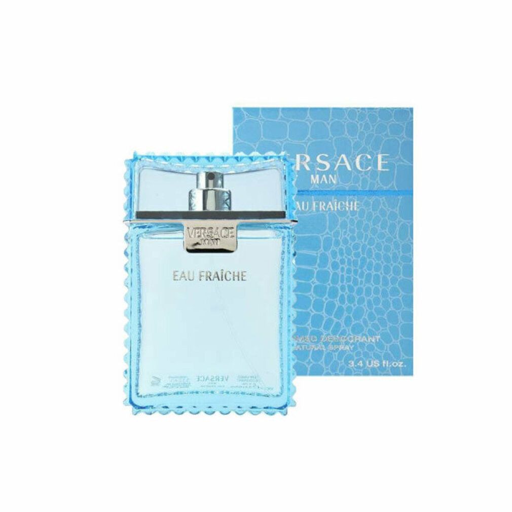 Spray deodorante azzurro e scatola. Scritta: Versace Man Eau Fraiche. Scatola con motivo coccodrillo.