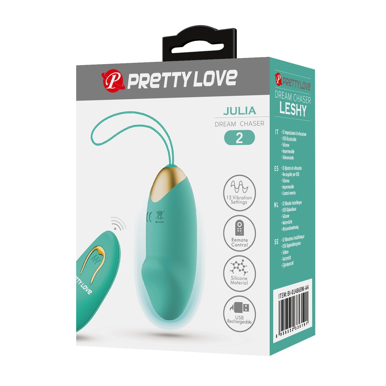 Confezione Pretty Love Julia Dream Chaser 2. Contiene vibratore, telecomando, 12 impostazioni vibrazione, ricarica USB e silicone.