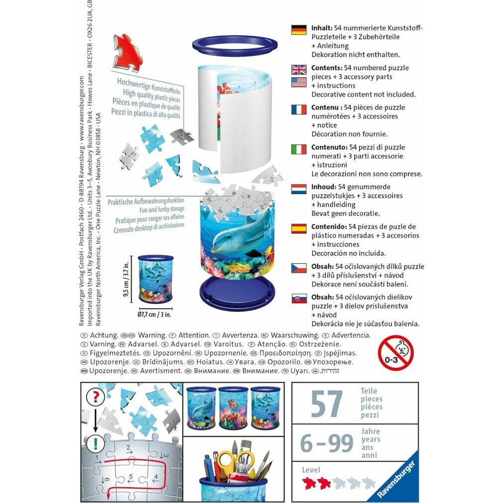 Confezione del supporto puzzle 3D, mondo sottomarino, 54 pezzi. Cilindrico, blu, motivo delfino. Contiene pezzi, istruzioni.
