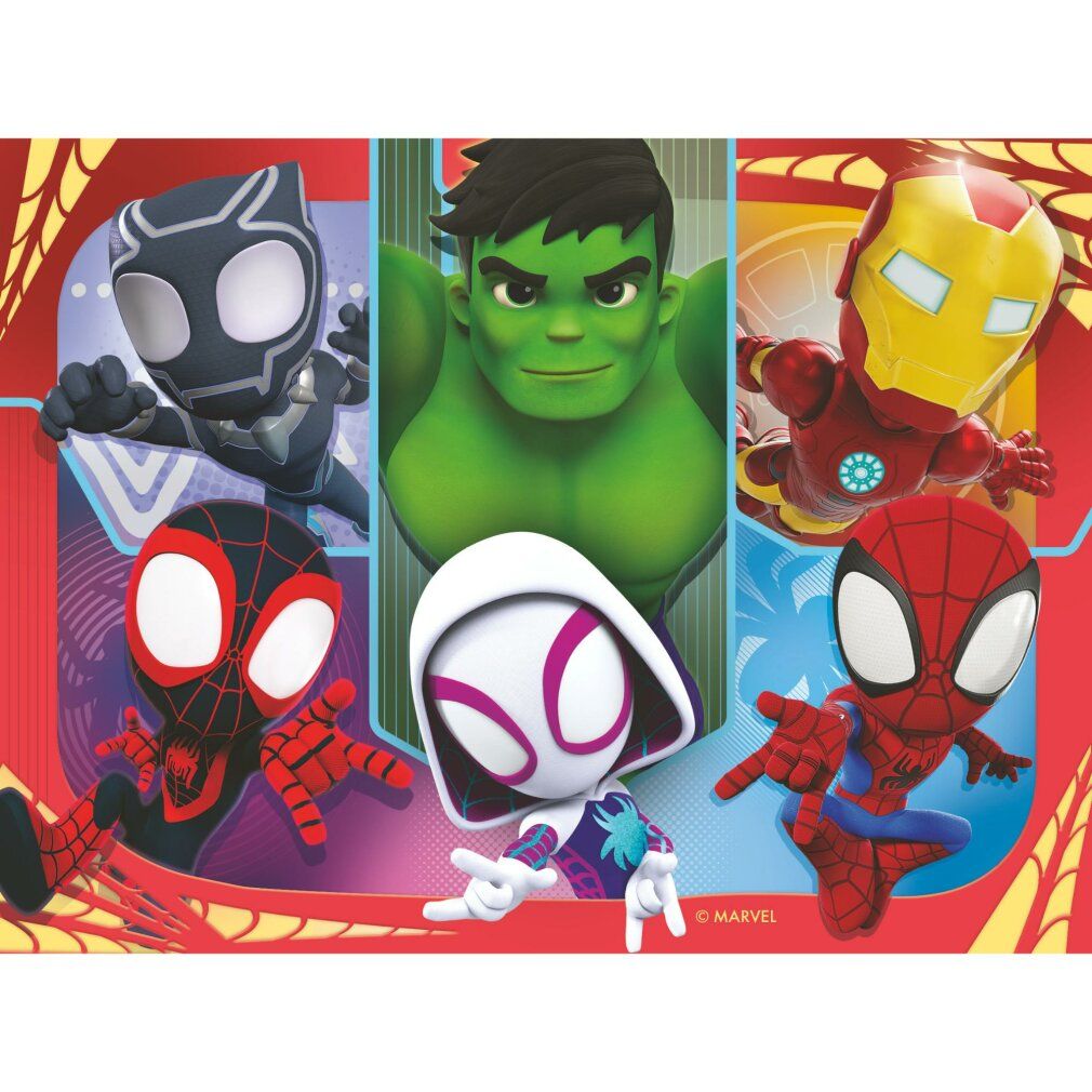 Puzzle con Spidey e amici. Sei personaggi dei fumetti: Pantera Nera, Hulk, Iron Man, Miles Morales, Spider-Gwen e Spidey.