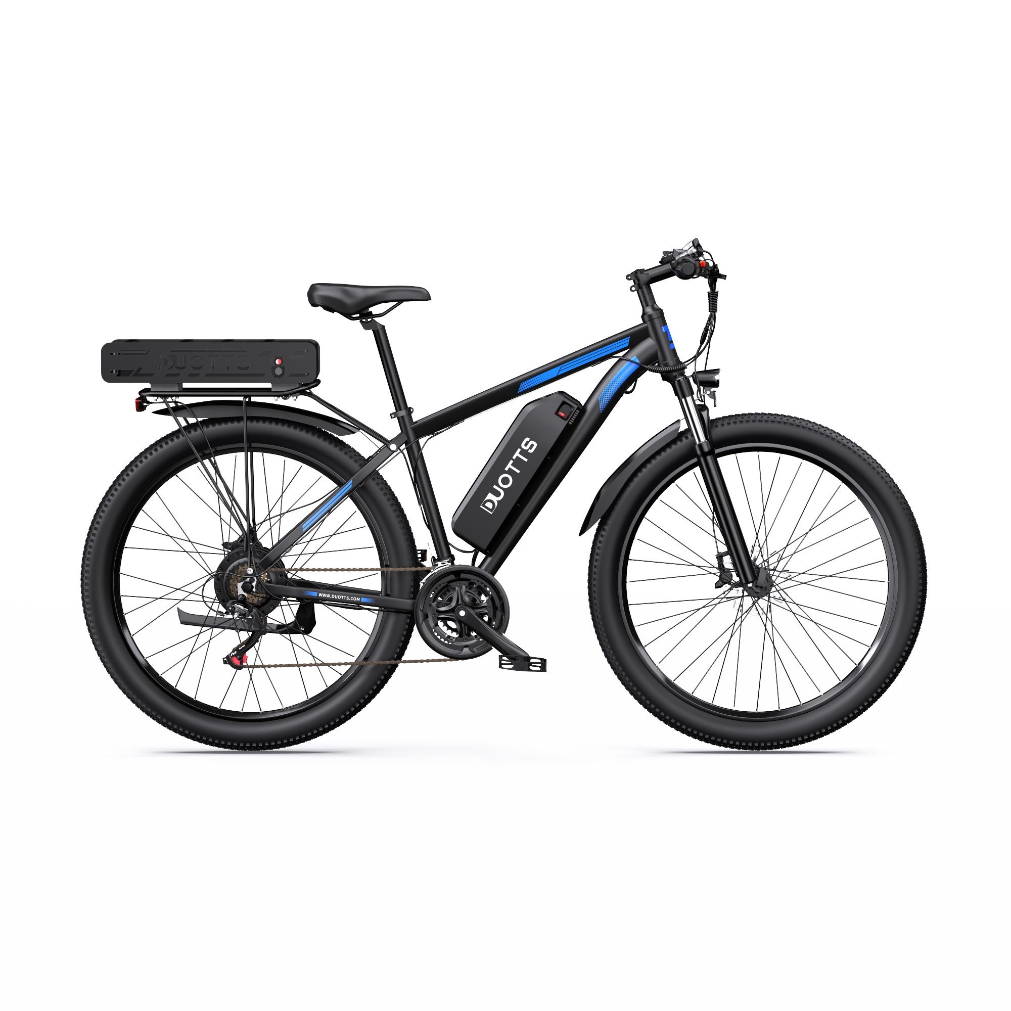 E-bike nero con dettagli blu. Logo DUOTTS visibile, doppia batteria, Shimano 21 velocità. Sfondo bianco.