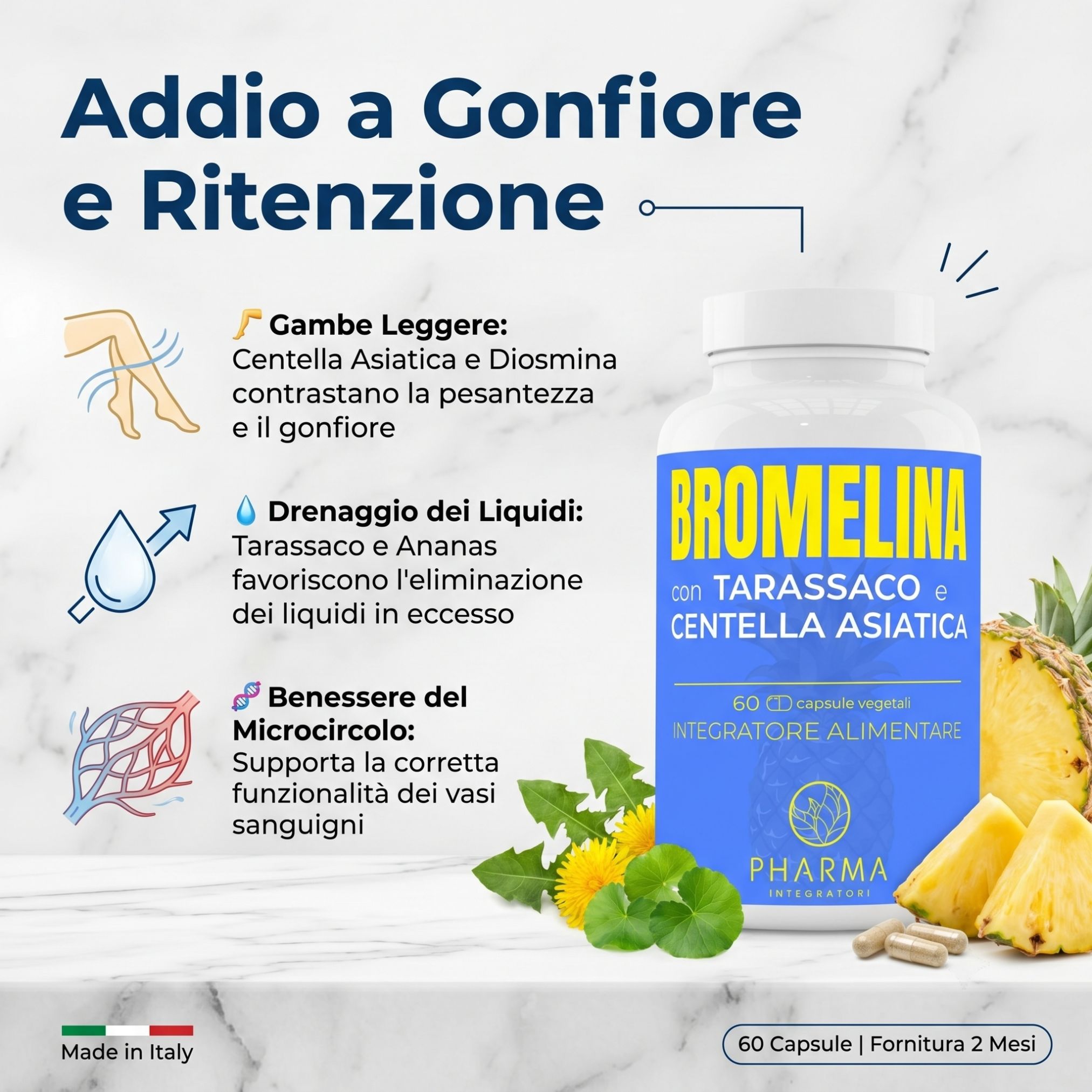 Flacone di Bromelina con Tarassaco e Centella Asiatica, con grafiche sui benefici.