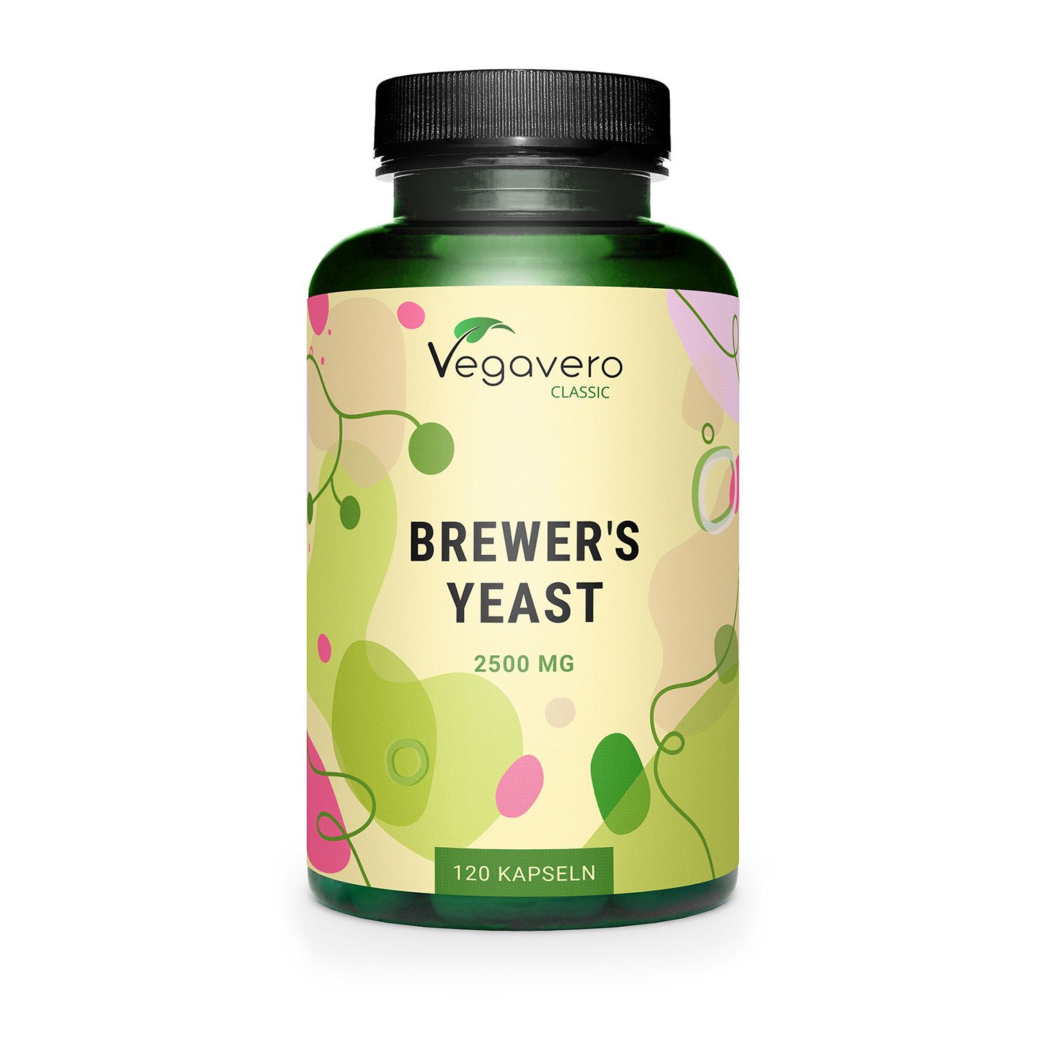 Bottiglia verde con tappo nero. Scritta: BREWER'S YEAST 2500 MG. 120 capsule. Marchio: Vegavero.