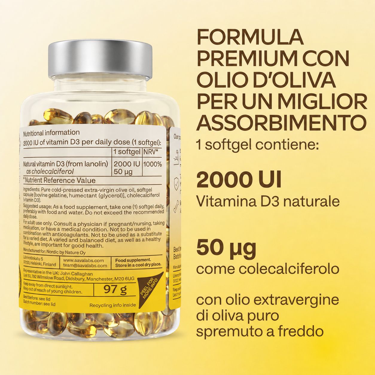 Retro del flacone con informazioni nutrizionali, ingredienti e olio d'oliva.