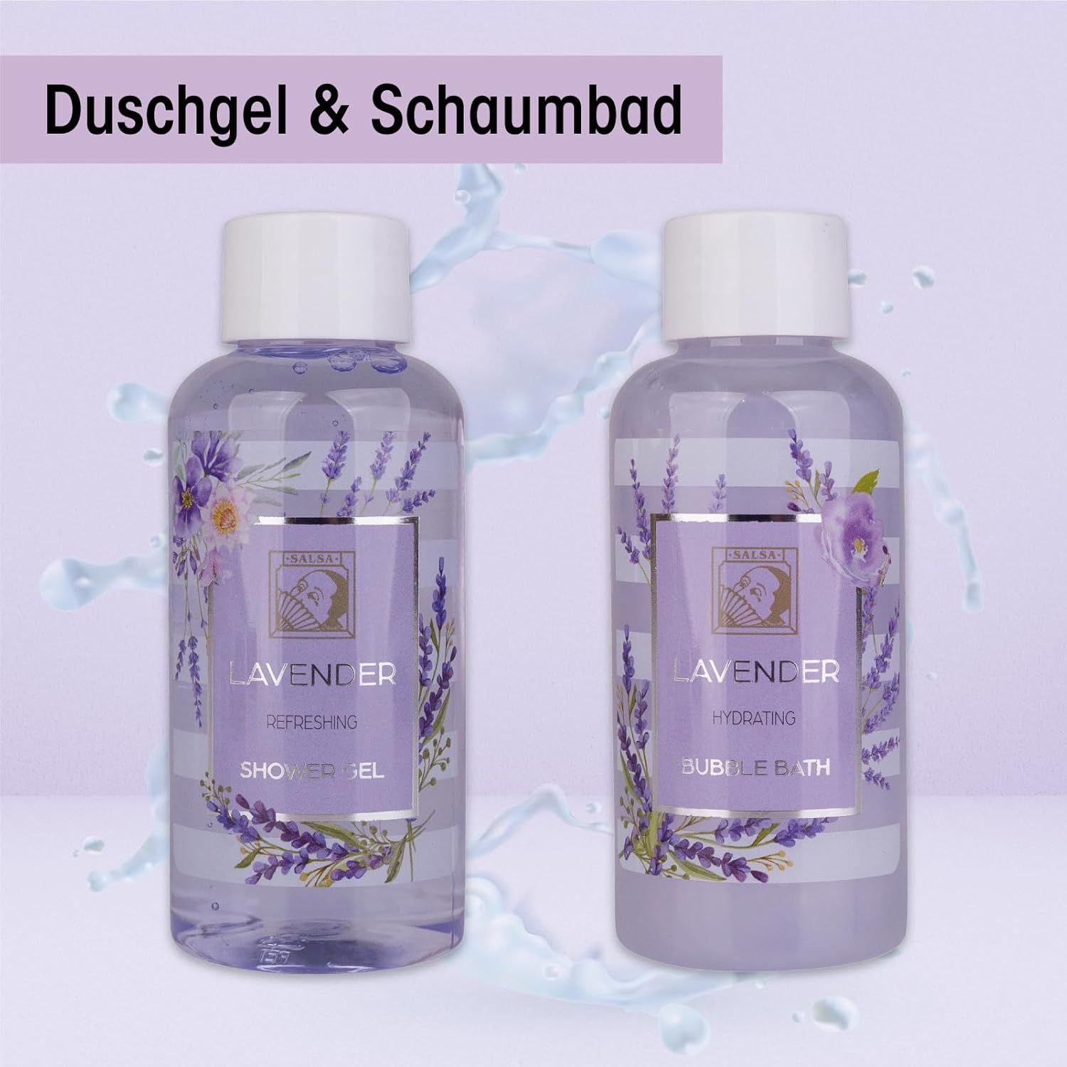 Due flaconi di gel doccia e bagno schiuma. Scritta: Lavanda. Design con fiori di lavanda e strisce.
