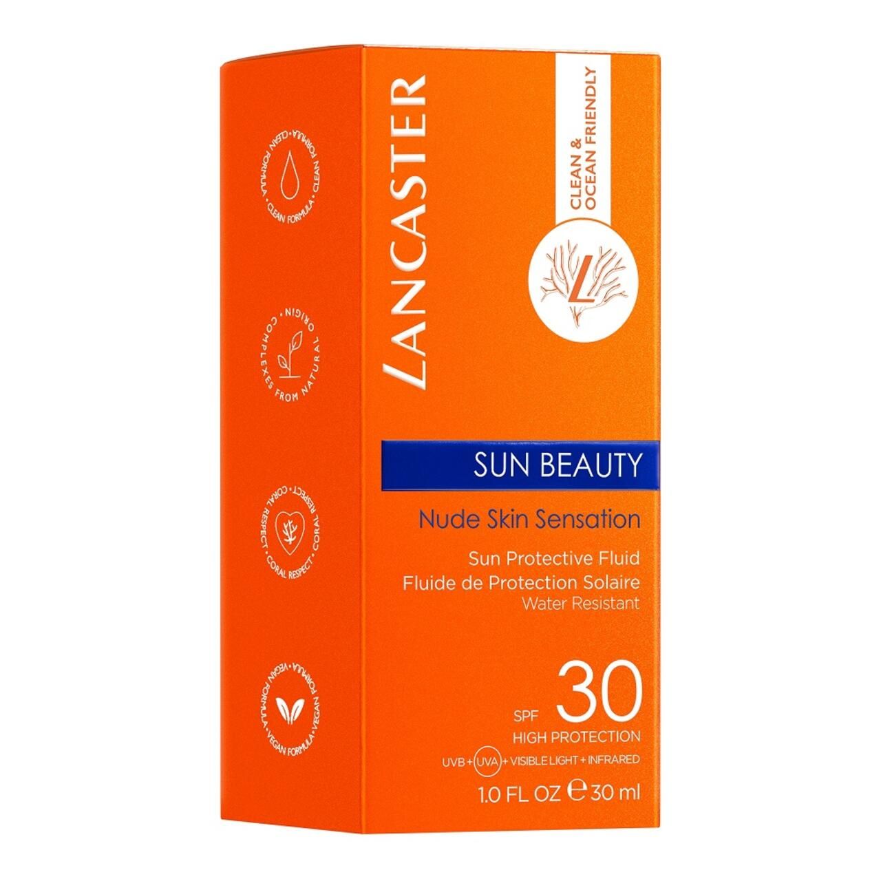 Confezione arancione di crema solare. Scritta SUN BEAUTY, SPF 30, logo Lancaster e sigillo vegano.