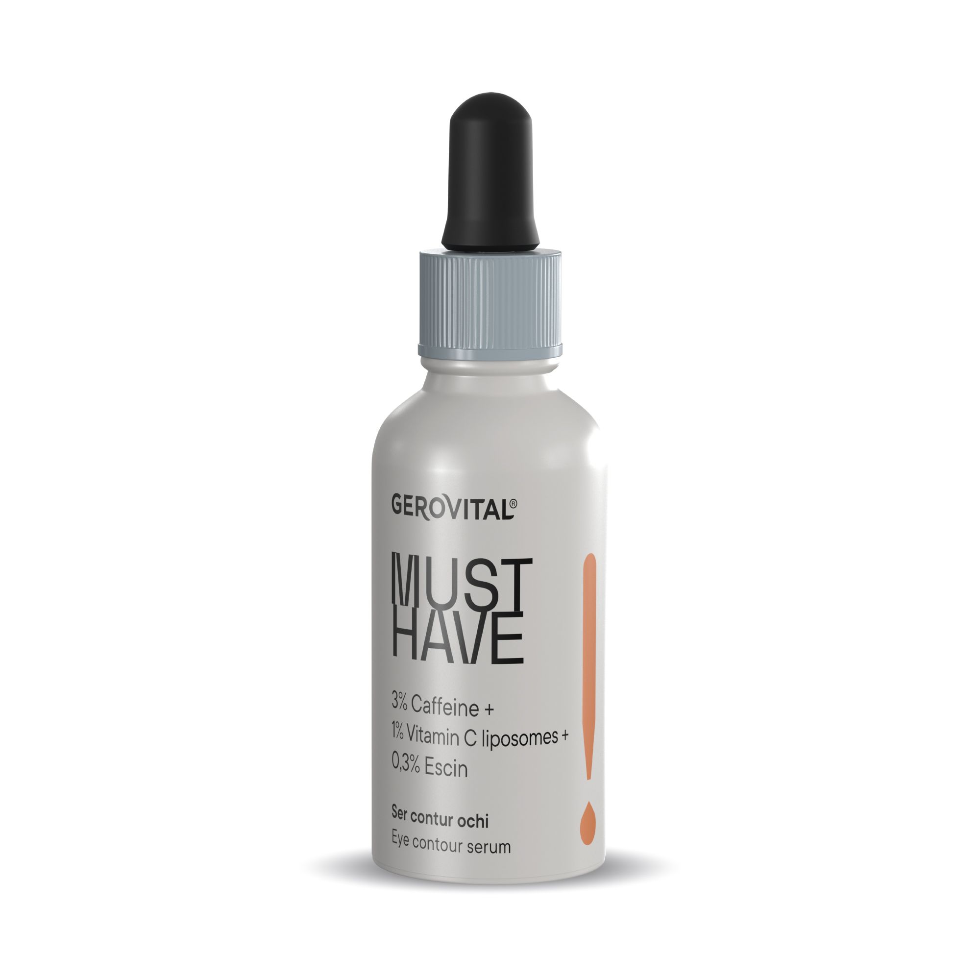 Flacone di siero con contagocce. Scritta: MUST HAVE, 3% caffeina, 1% vitamina C, 0,3% escina. Contorno occhi.