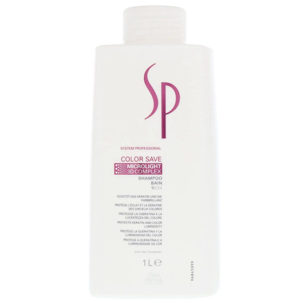 Flacone di shampoo bianco con logo SP viola e nome del prodotto. Contiene testo in più lingue. Flacone da 1L.