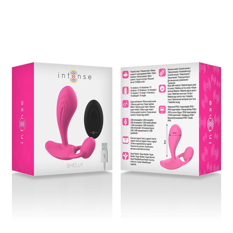 Confezione con vibratore rosa, telecomando e cavo USB. Marca Intense.