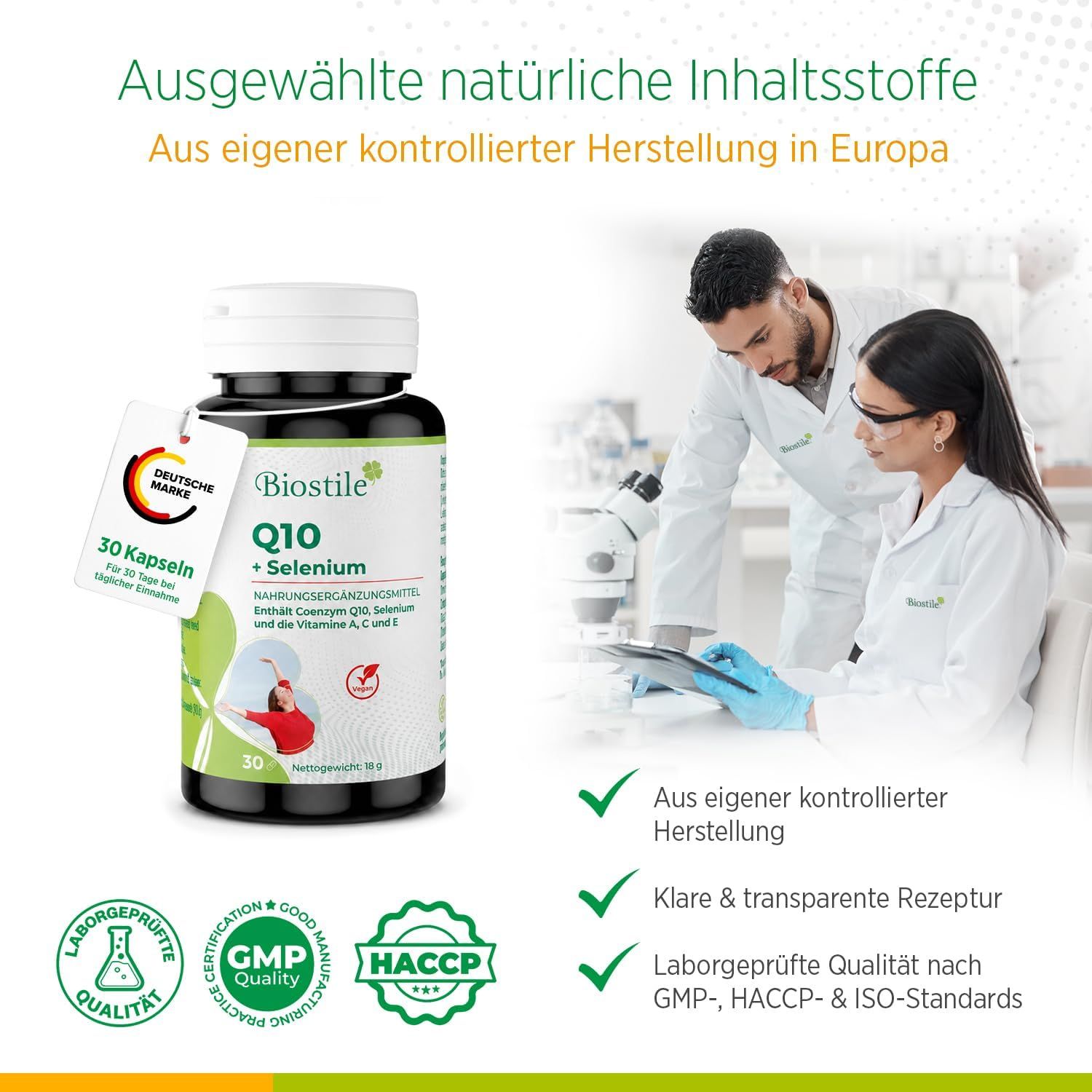 Barattolo Biostile Q10 + Selenium, tecnici di laboratorio, certificati di qualità: GMP, HACCP, ISO.