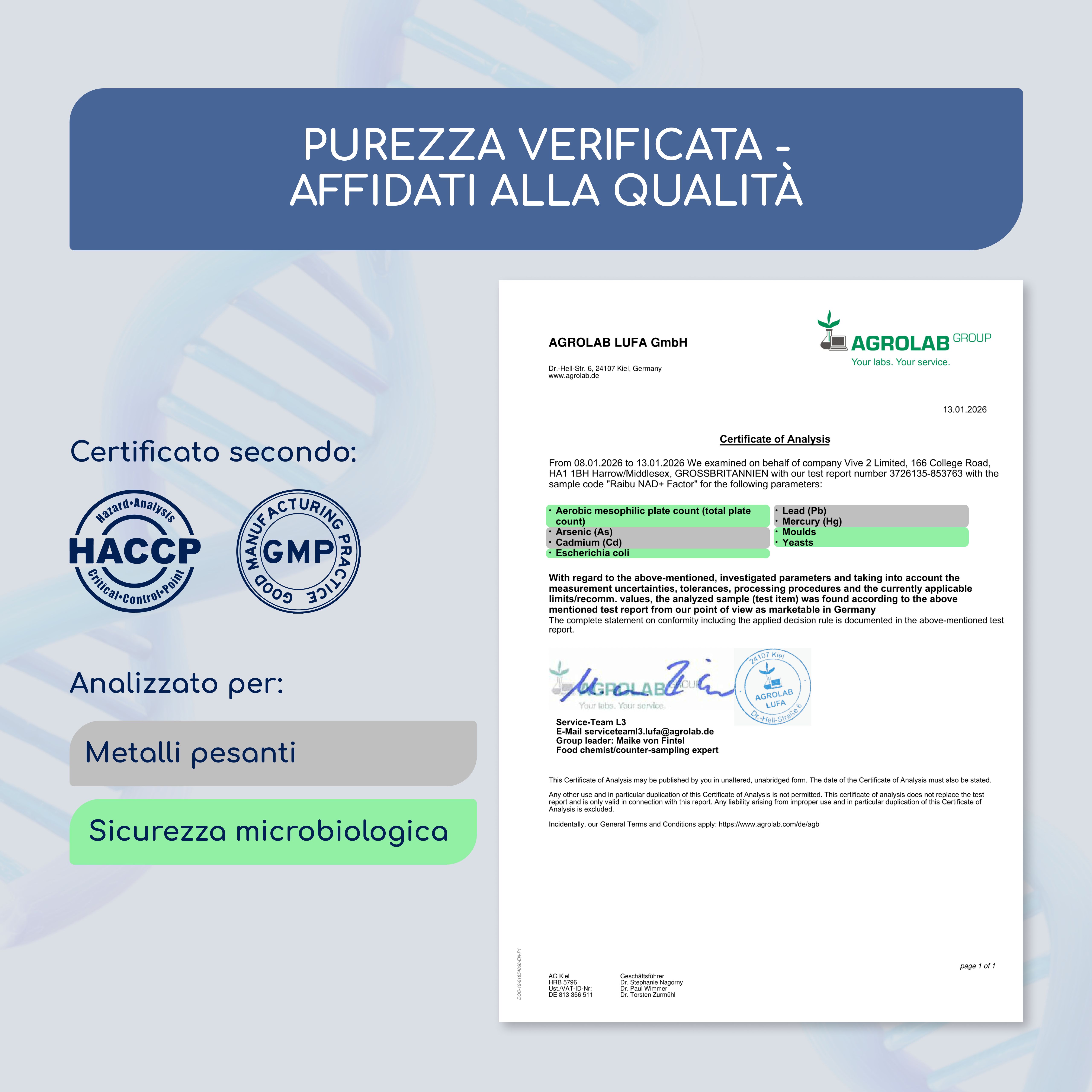 Certificato. Testo: Agrolab LUFA GmbH. Analisi per metalli e sicurezza microbiologica. HACCP e GMP.