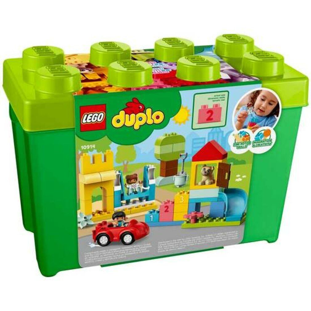 Scatola di mattoncini Deluxe LEGO DUPLO. Scatola verde con coperchio, piena di mattoncini, personaggi e accessori. 1 1/2+
