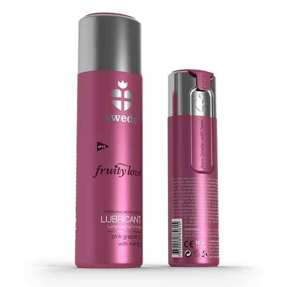 Due flaconi rosa con tappi argentati. Scritta: Swede, Fruity Love, Lubricant, Pink Grapefruit with Mango.