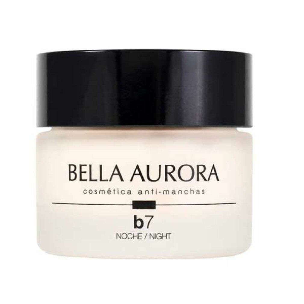 Vaso di crema con coperchio nero. Scritta: Bella Aurora, cosmética anti-manchas, b7 Noche/Night.