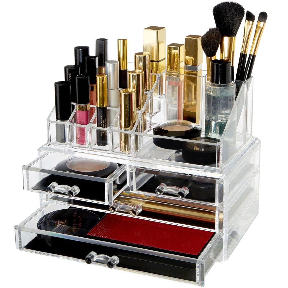 Organizzatore cosmetico trasparente in acrilico con scomparti multipli e cassetti, riempito di trucchi e pennelli.