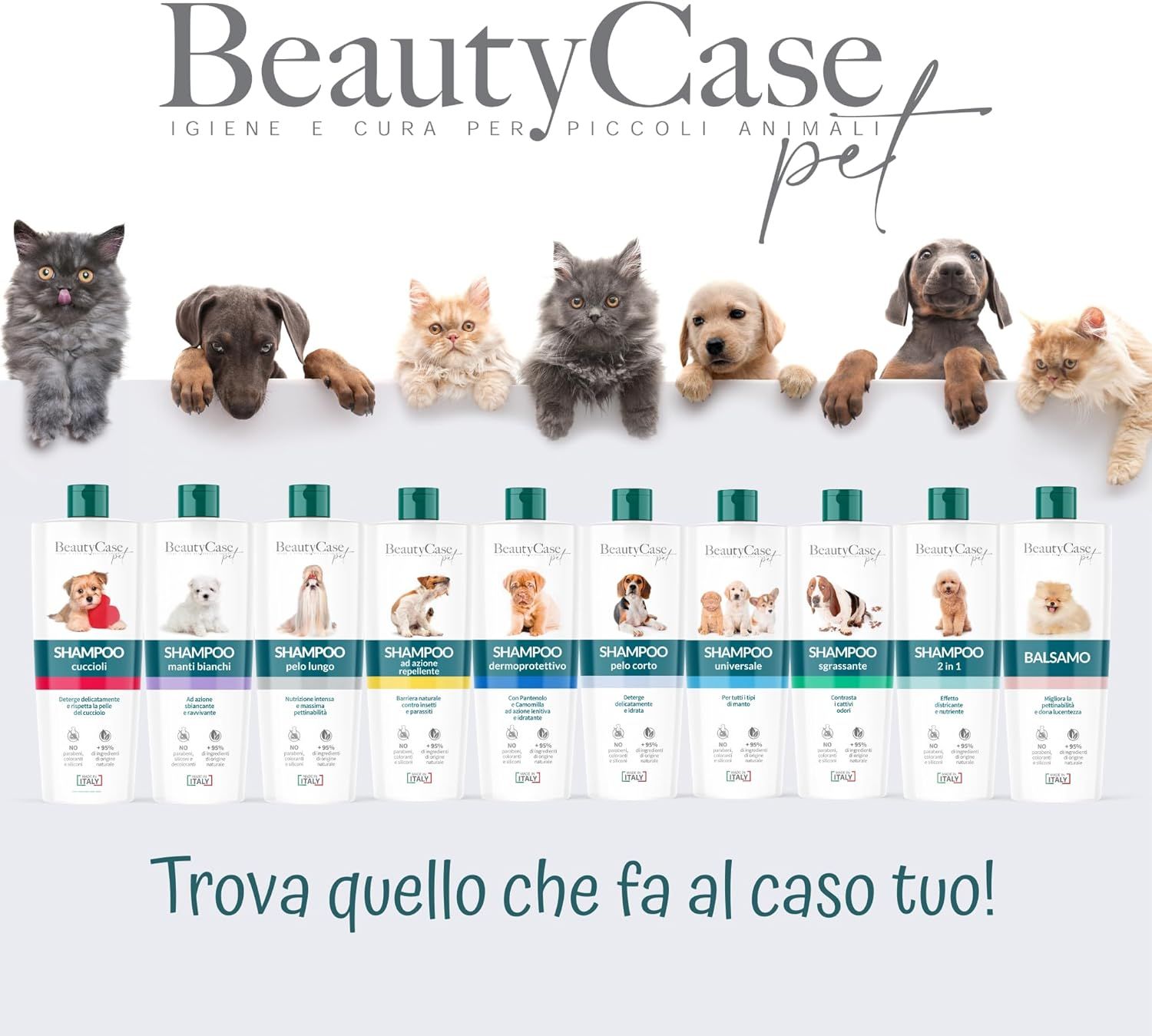 Vari flaconi di shampoo repellente per animali domestici. Diversi cani e gatti. Testo: Trova quello che fa al caso tuo!