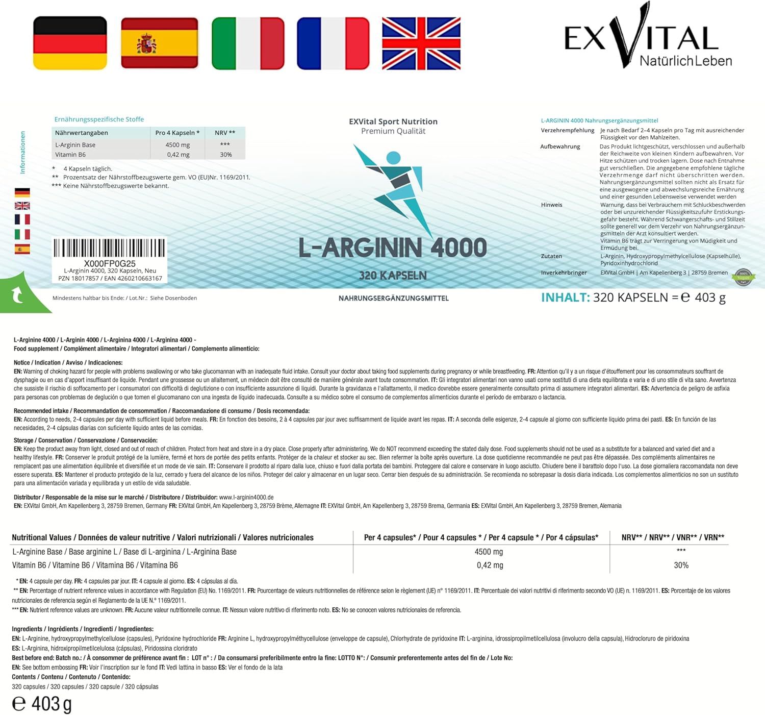 Etichetta del prodotto con informazioni sulla L-Arginina 4000. Testi multilingue e informazioni nutrizionali.
