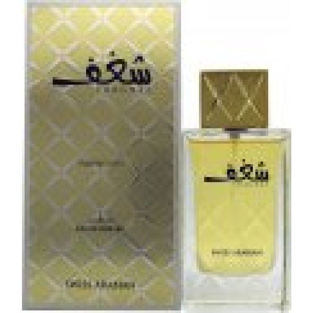Flacone di profumo e confezione. Flacone con tappo dorato e scritta. Confezione con motivo dorato e scritta.