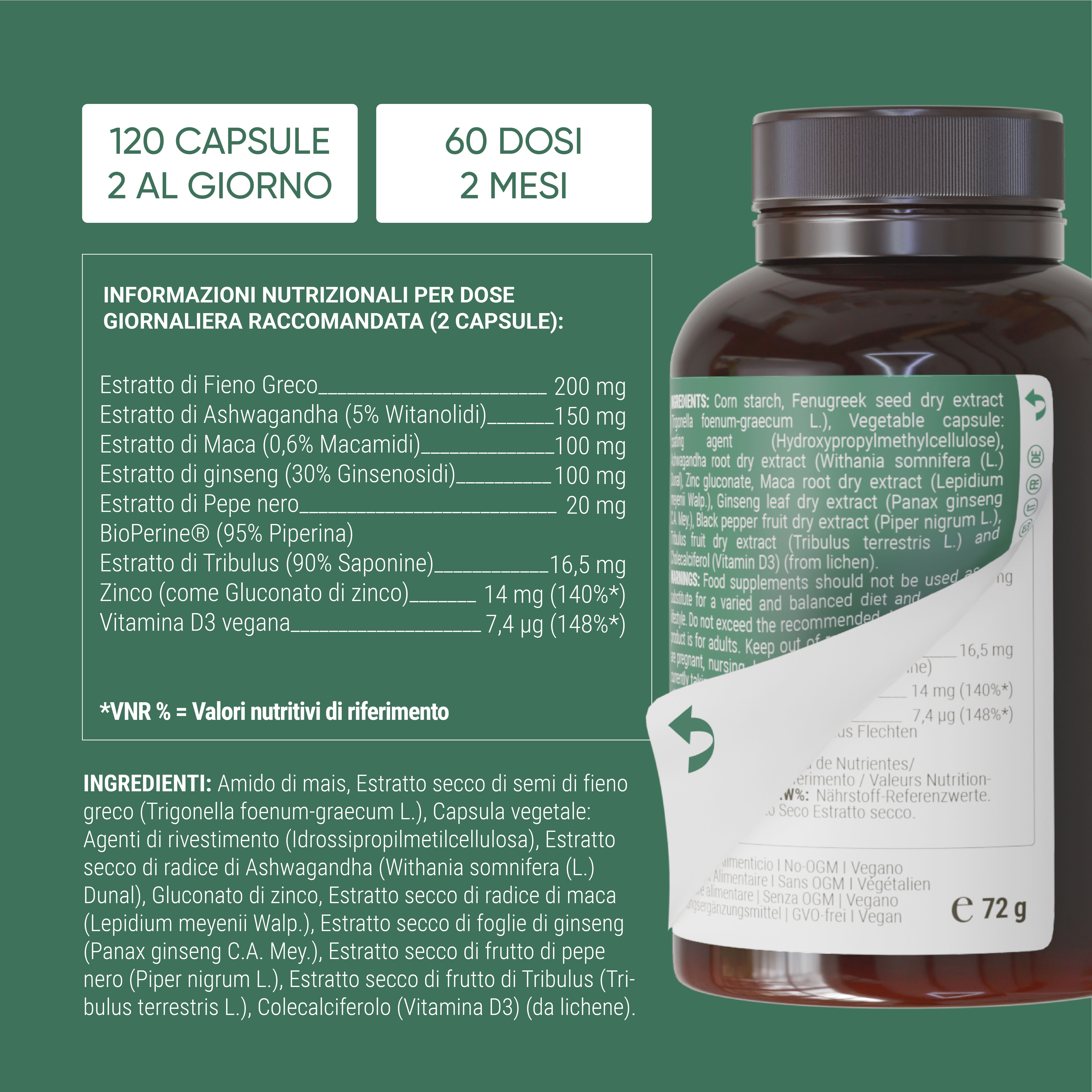 Etichetta con ingredienti e informazioni nutrizionali. Testo: 120 capsule, 2 al giorno. Ingredienti: Fieno greco, Ashwagandha, Zinco, Vitamina D.