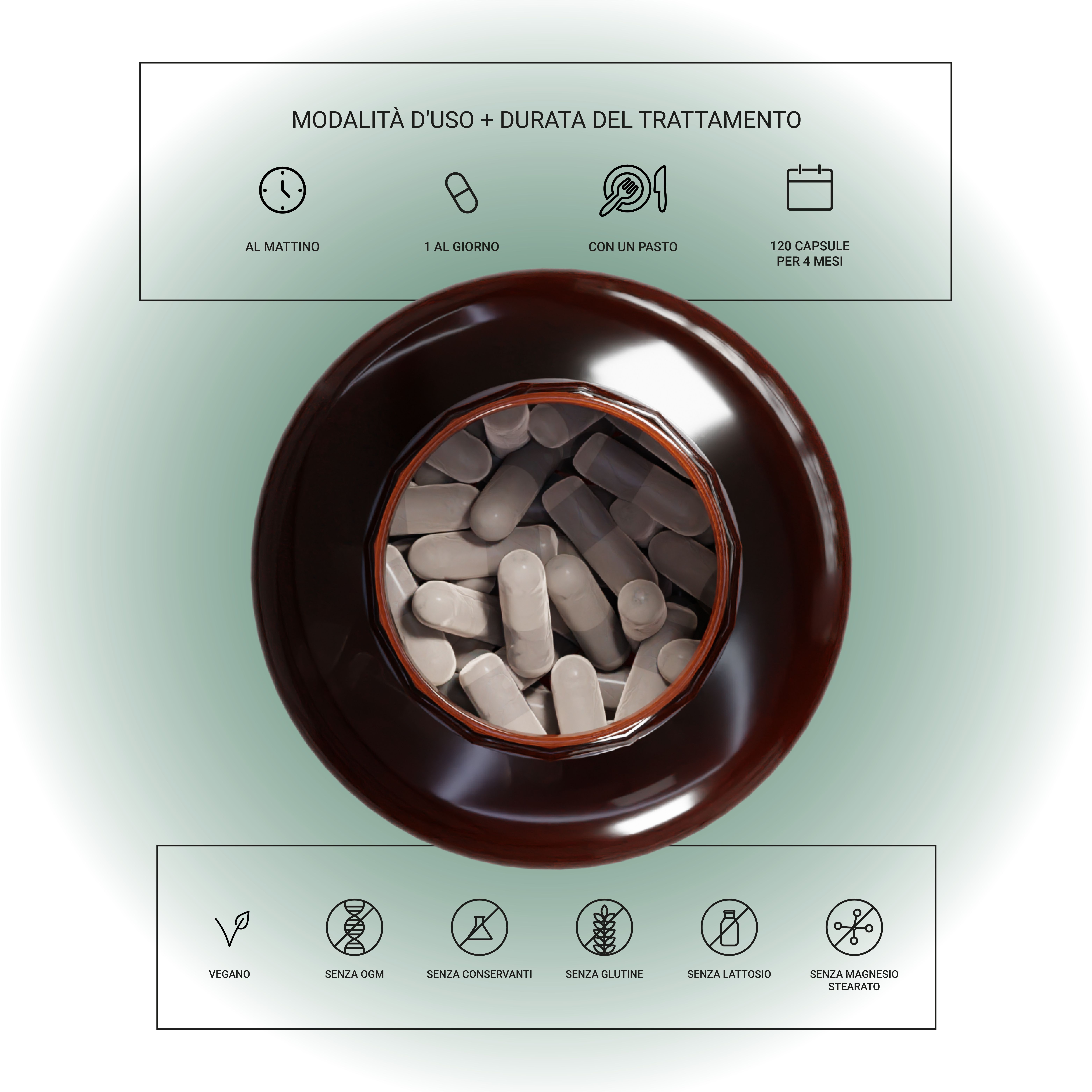 Flacone marrone con capsule. Testo: Uso, 1 al giorno, con pasto, 120 capsule per 4 mesi. Vegano, senza additivi.