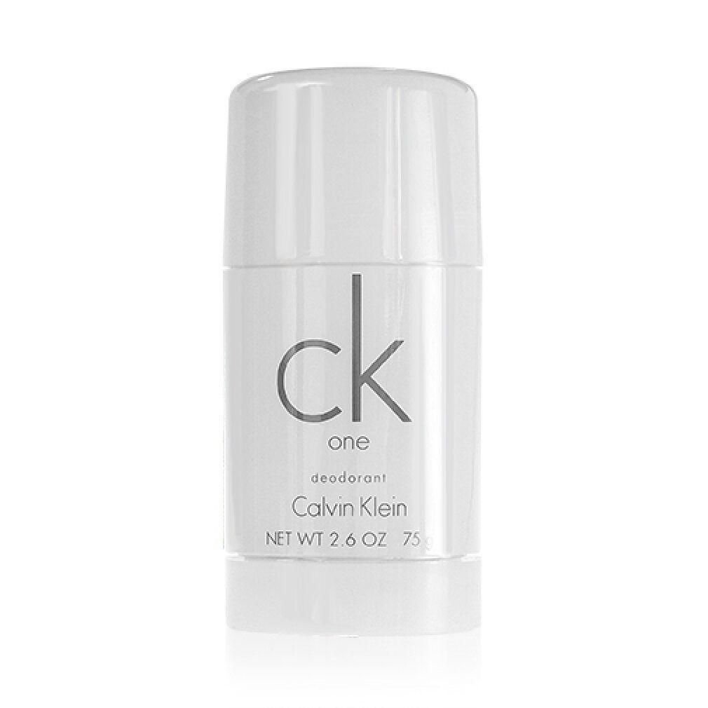 Stick deodorante bianco Calvin Klein One. Scritta: ck one, deodorante, Calvin Klein. Scrittura nera.