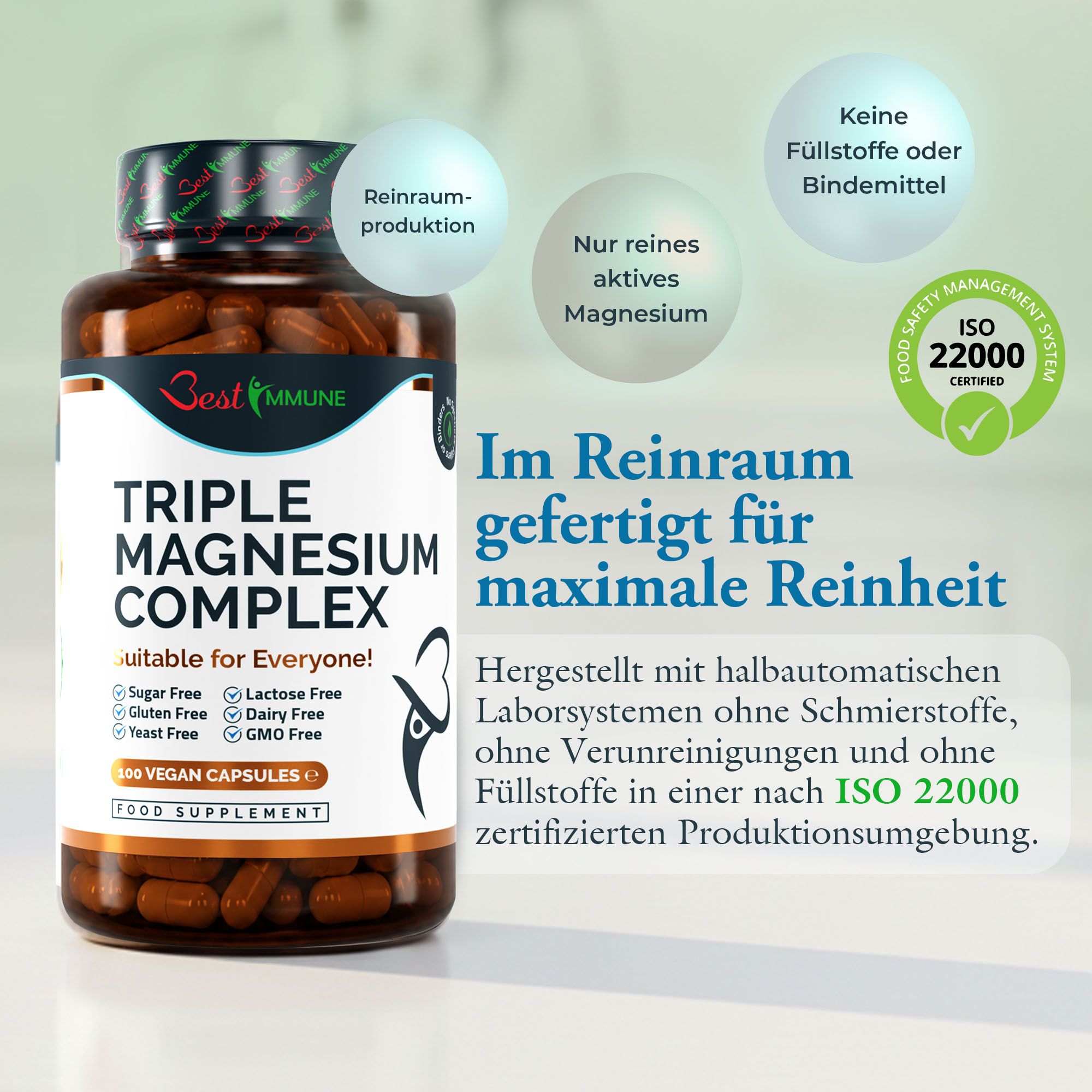 Flacone marrone da 100 capsule vegane Triple Magnesium Complex. Produzione in camera bianca, certificata ISO 22000.
