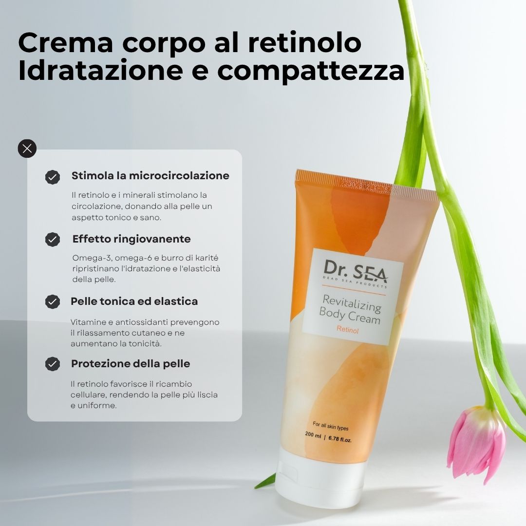 Tubo di crema "Dr. SEA Revitalizing Body Cream Retinol" con testo e illustrazioni. Sfondo con fiore.