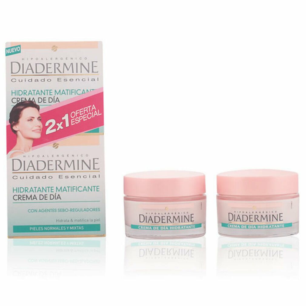 Set crema giorno Diadermine con due vasetti e confezione. Scritta: "2x1 Oferta Especial". Testo: "Hidratante Matificante Crema de Día".