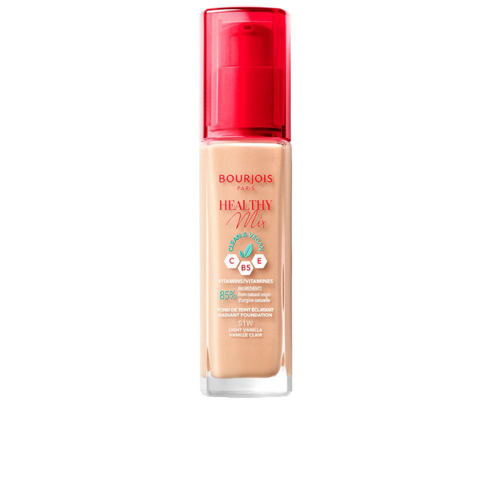 Flacone di fondotinta beige con tappo a pompa rosso. Scritta: Bourjois Healthy Mix, C, B5, E, 85% ingredienti di origine naturale. Tonalità: 51 Light Vanilla.