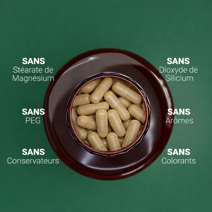 Flacone Nullure Testo-One con focus su 'Senza magnesio stearato', 'Senza PEG', 'Senza conservanti'.