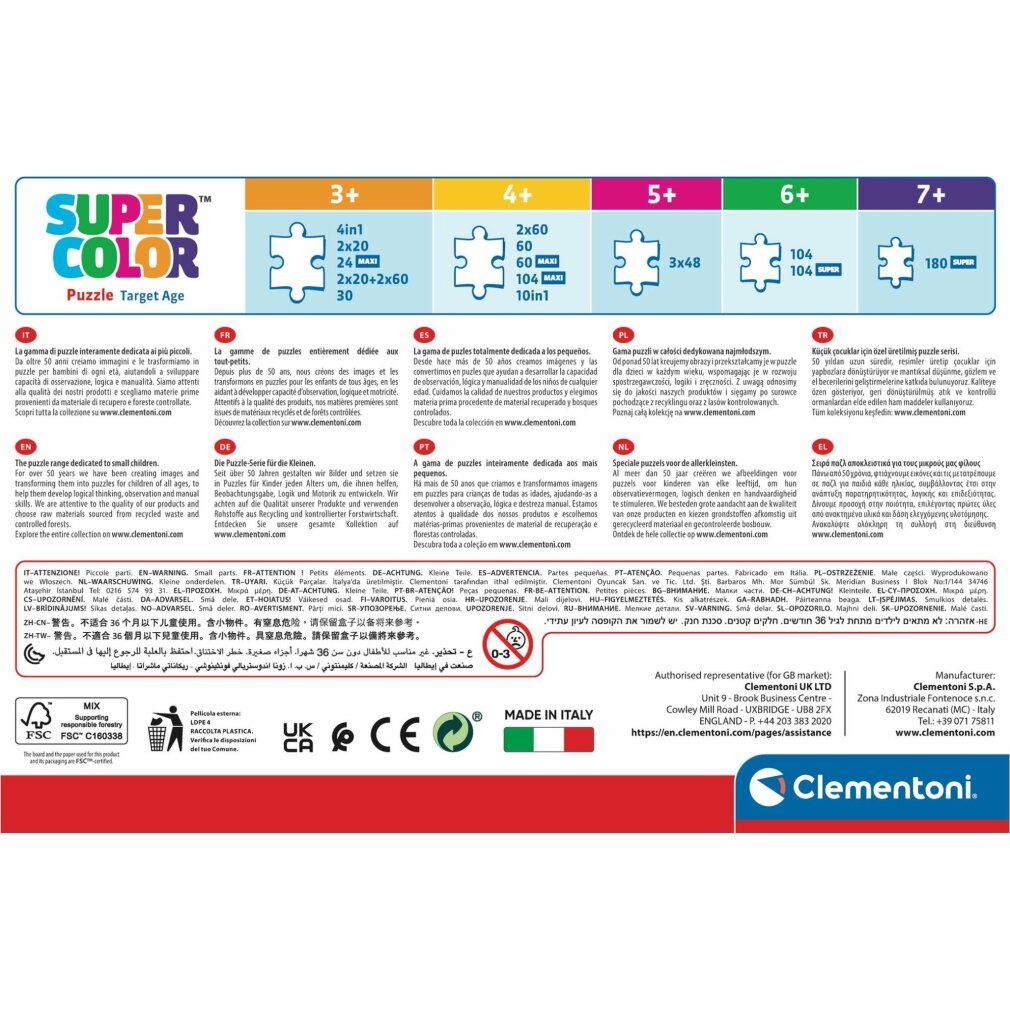 Retro della scatola del puzzle. Informazioni sui puzzle, le età, le certificazioni e le informazioni del produttore. Marchio: Clementoni.