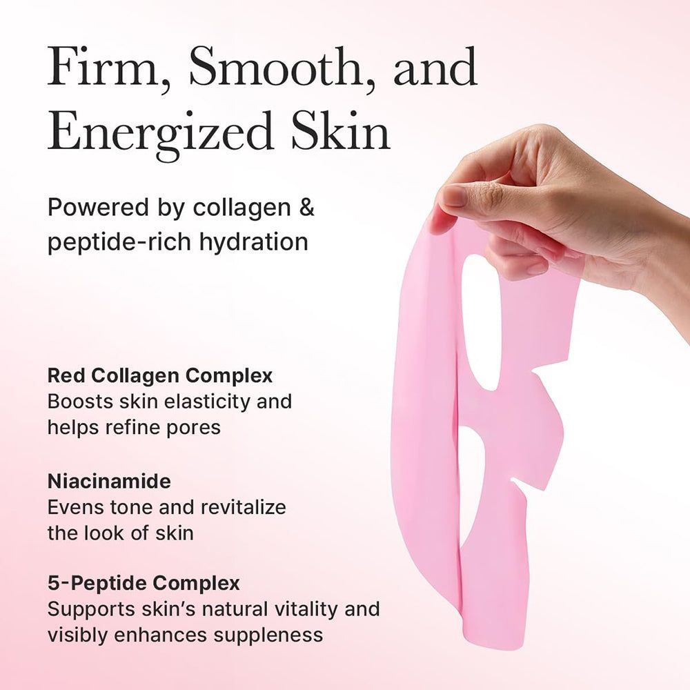 Maschera idrogel rosa con ritagli per occhi e bocca, tenuta da una mano.