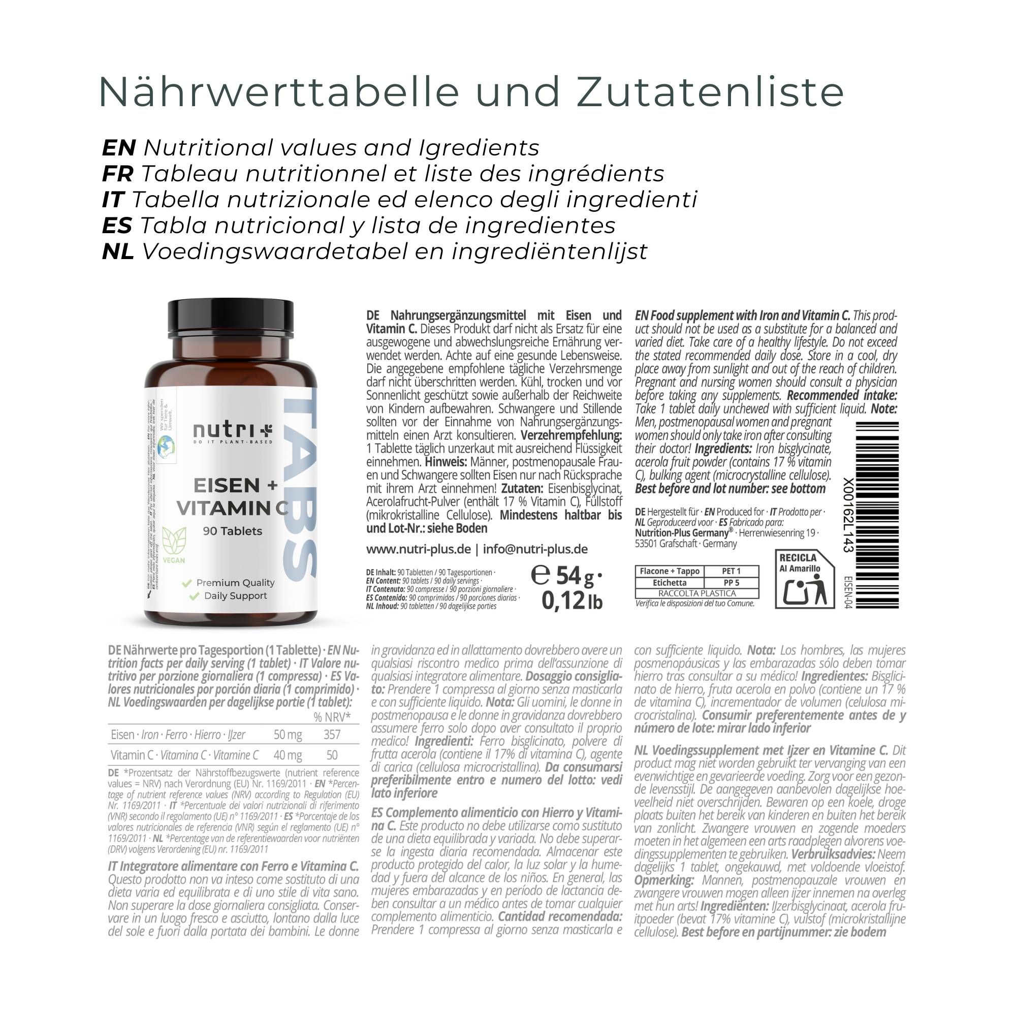Tabella nutrizionale e lista ingredienti in tedesco, inglese, francese, italiano e olandese. Flacone a sinistra.
