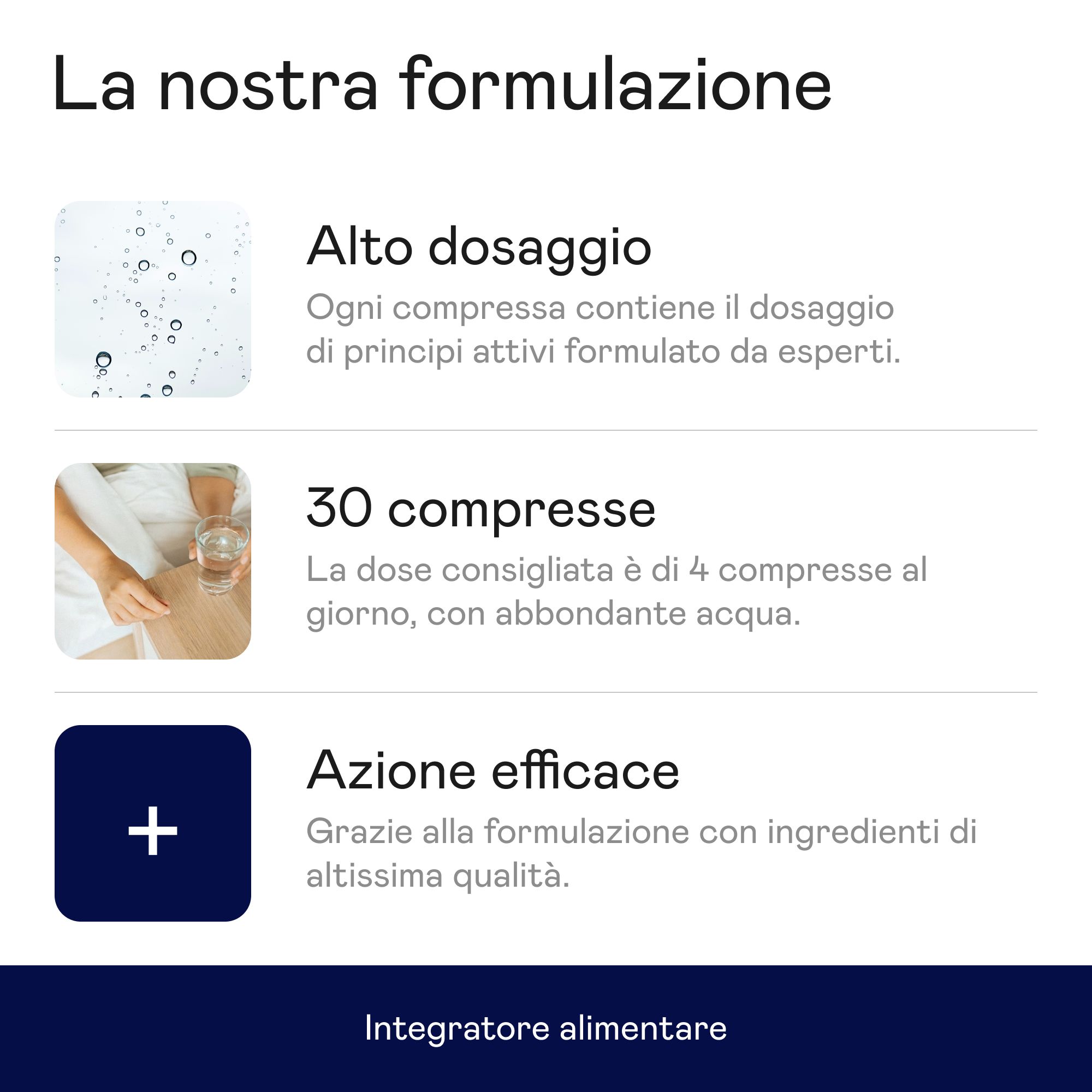 Grafico con testo: Alto dosaggio, 30 compresse, efficacia. Immagine di gocce d'acqua e persona che beve acqua. Integratore alimentare.