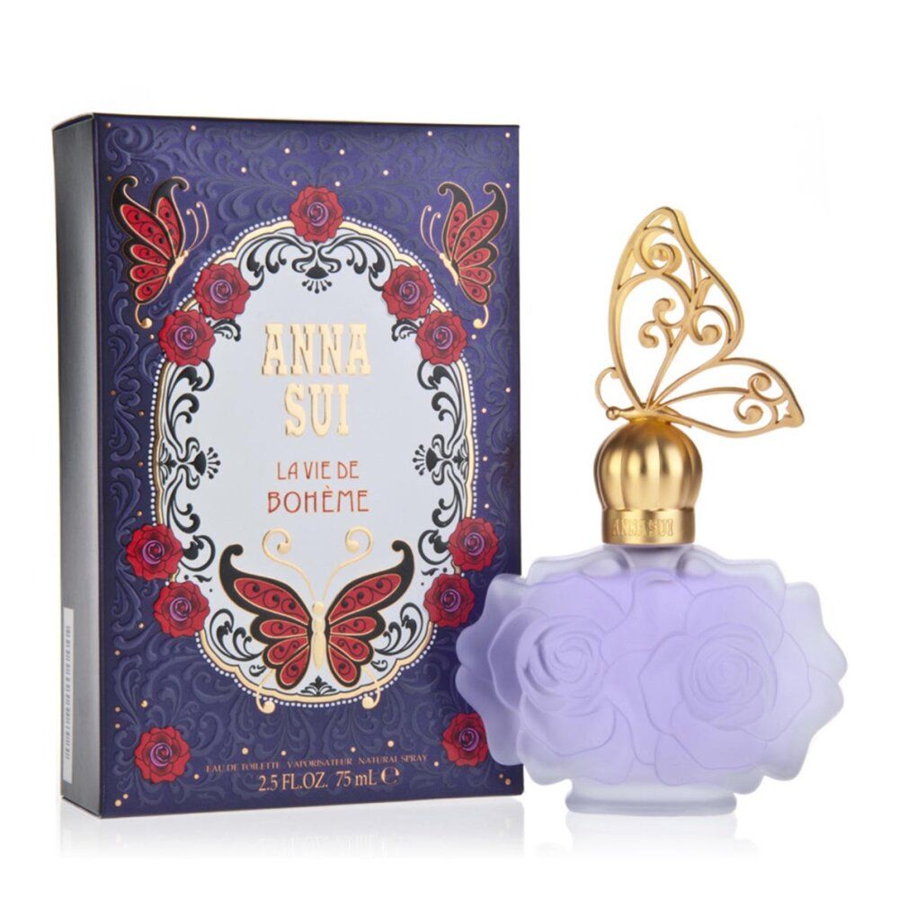 Anna Sui La Vie de Boheme Eau de Toilette Spray con confezione. Flacone a forma di rosa, tappo a farfalla dorato.