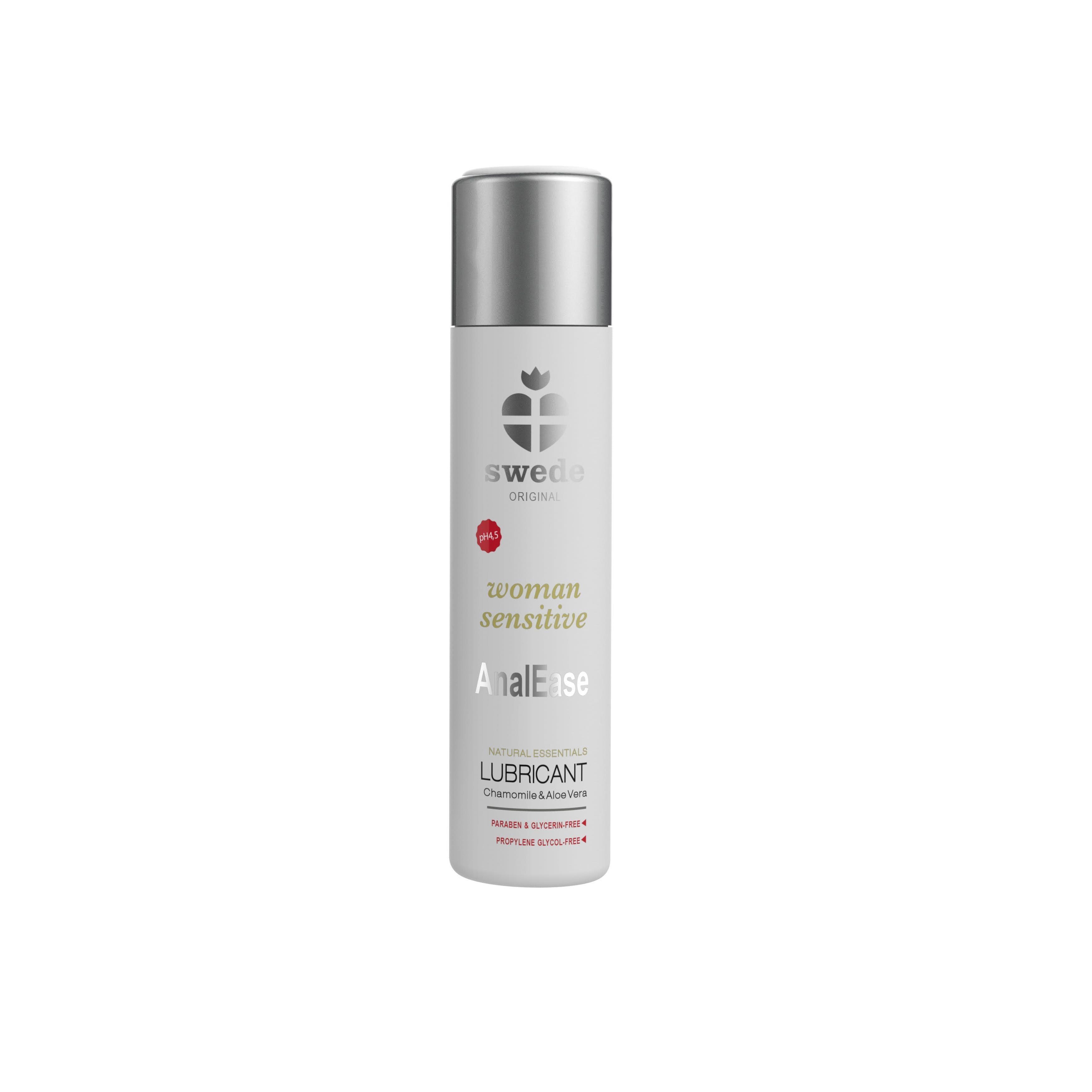 Flacone cilindrico con tappo argentato. Scritta: Swede, woman sensitive AnalEase, Lubricant. Dermatologicamente testato.