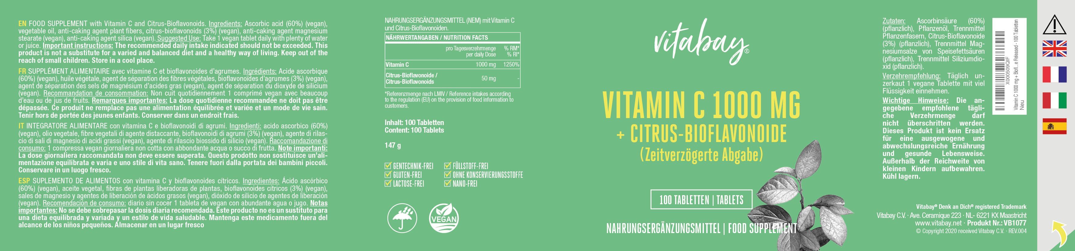 Vitabay Vitamina C 1000 mg con Bioflavonoidi Agrumi, 60 compresse. Confezione verde con testo e illustrazione di pianta.
