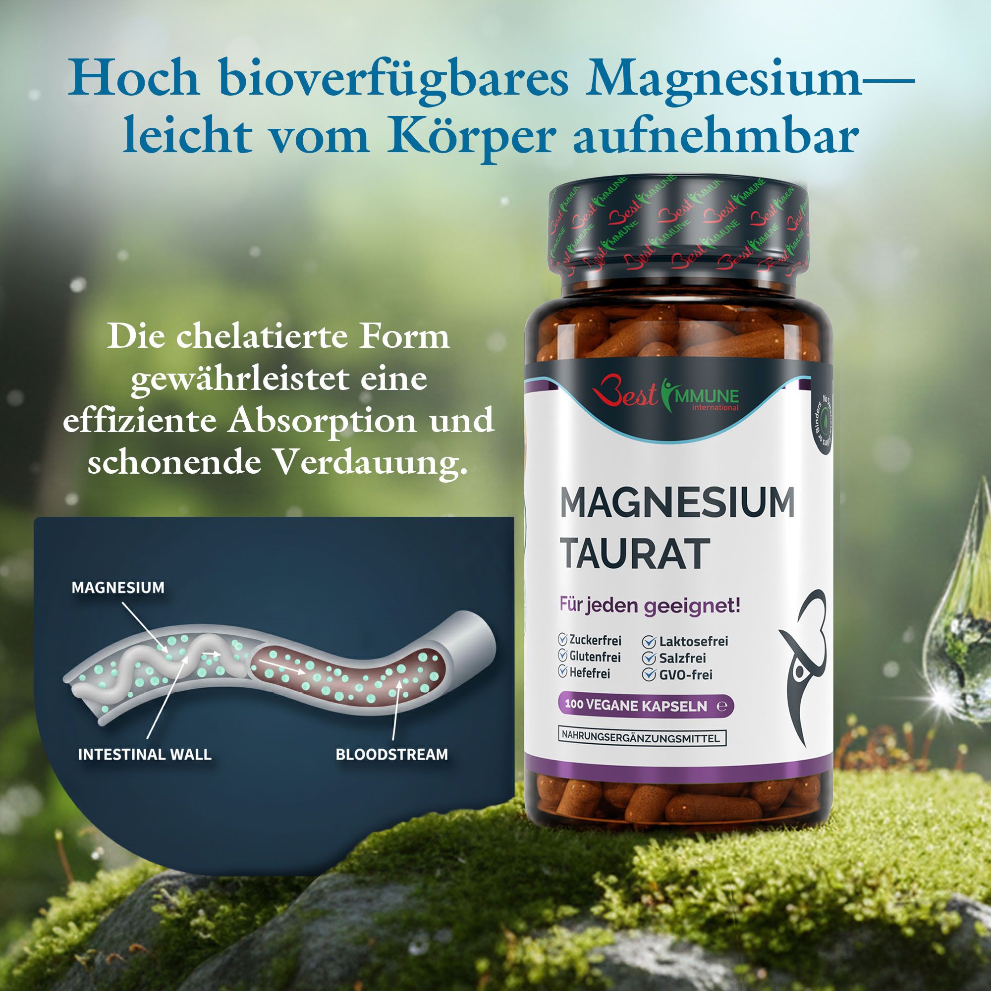 Flacone di capsule di magnesio taurato accanto a uno schema di assorbimento intestinale del magnesio.