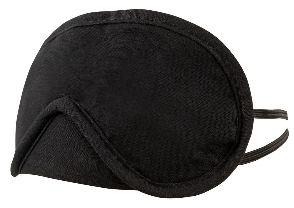 Maschera per gli occhi nera con fascia elastica. La maschera è di forma ovale e in tessuto.