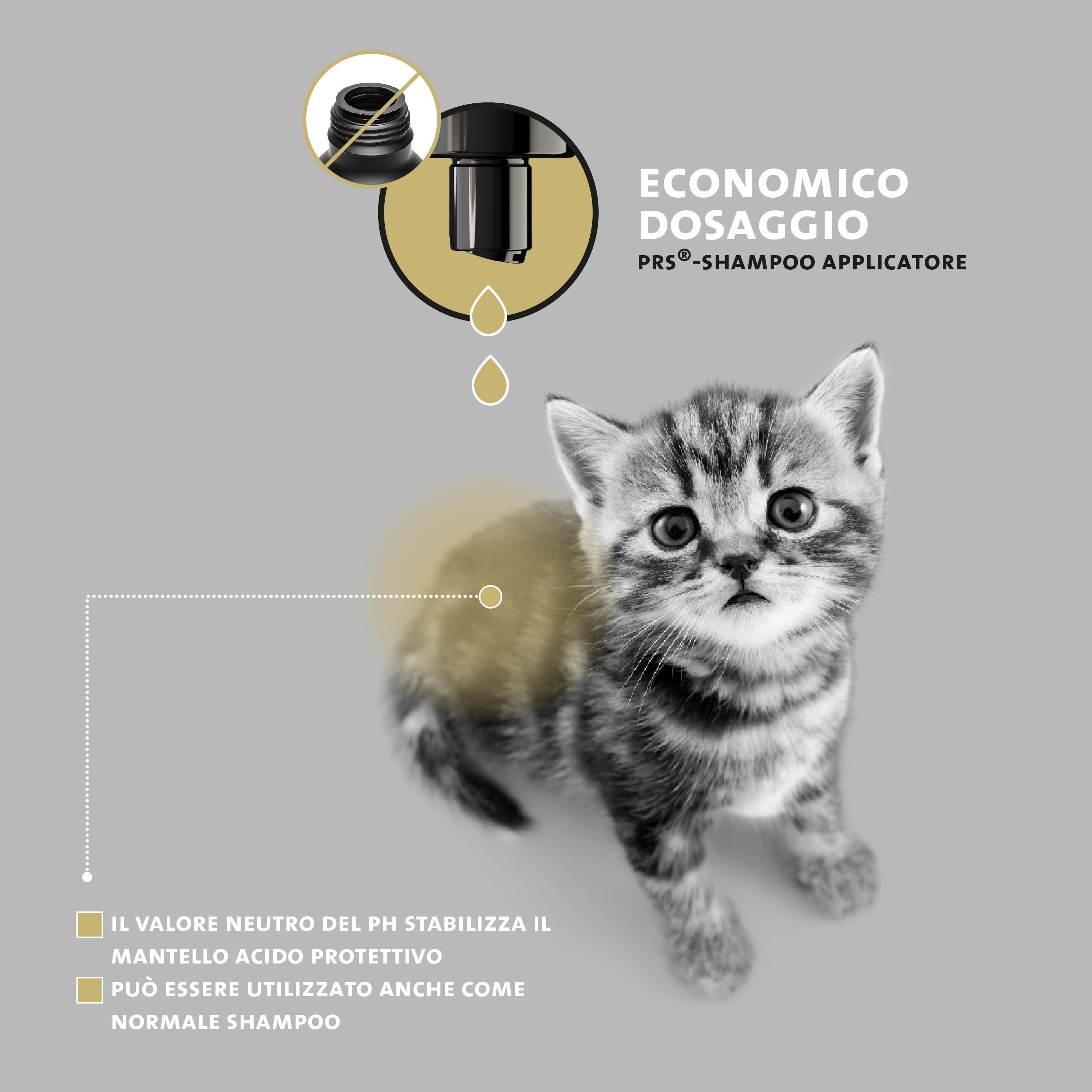 Gattino seduto, logo Peticare, "Dosaggio parsimonioso", "Applicatore shampoo PRS".