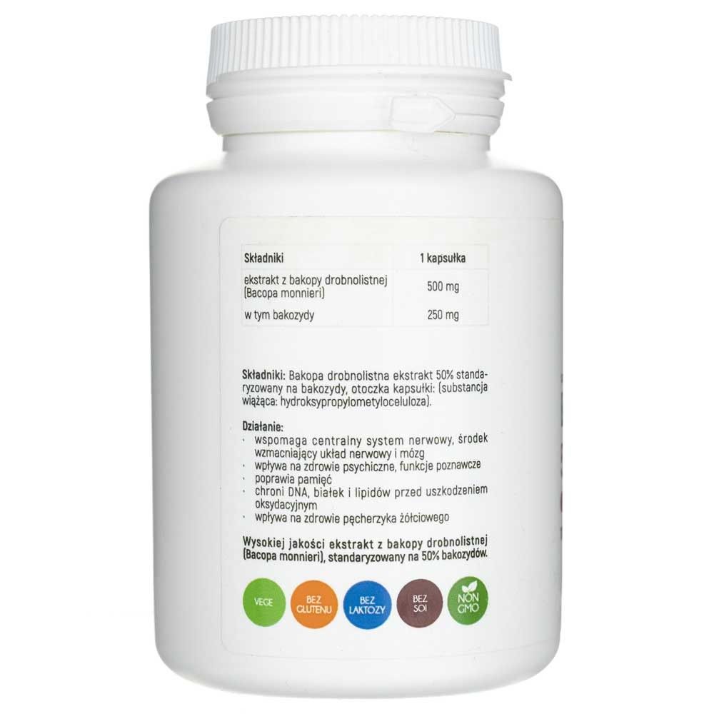 Retro di un flacone di capsule bianco con ingredienti e istruzioni per Aliness Bacopa monnieri estratto 50%.