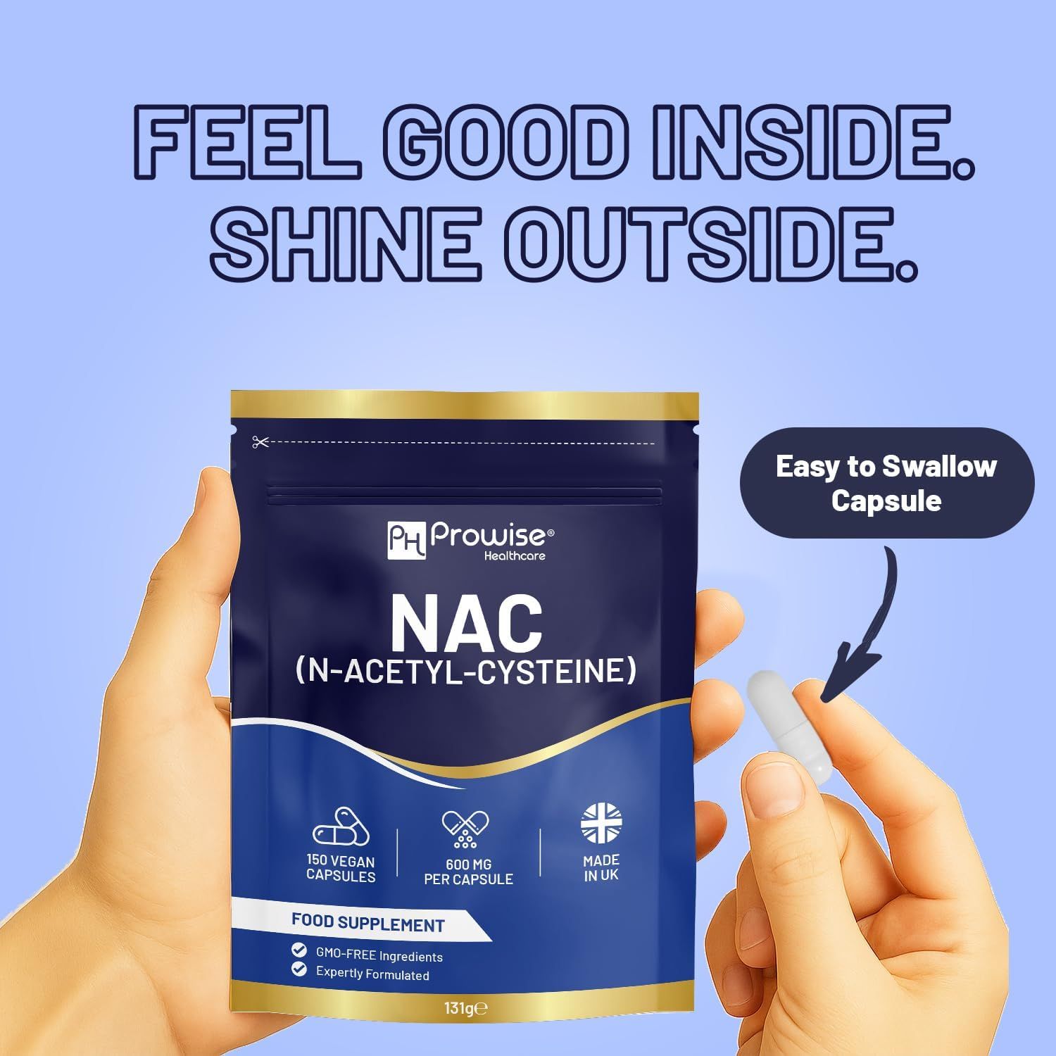Mani che tengono capsule Prowise NAC (N-Acetil-Cisteina). 120 capsule, 600mg. Confezione blu. Capsula facile da deglutire.