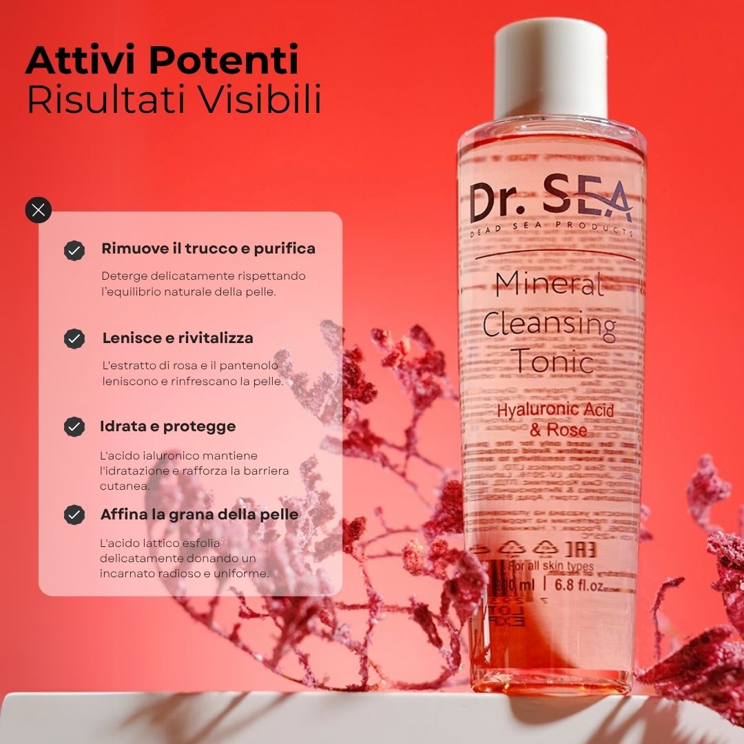 Flacone di tonico rosa con testo. Scritta: Dr. Sea, Mineral Cleansing Tonic, Acido Ialuronico & Rosa. 200 ml. Testo sui benefici.